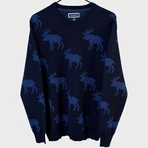Club Room Moose Print Merino Wool Sweater Blue Men's Medium Crewneck Pullover